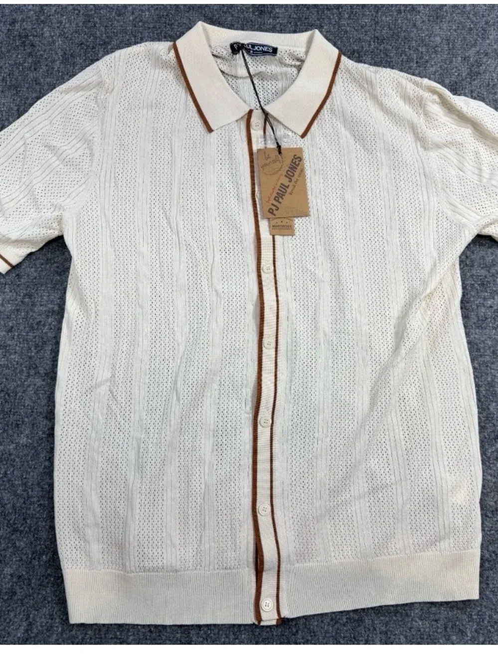 PJ Paul Jones Men's Hollow Out Polo Shirt Medium Beige button down shirt